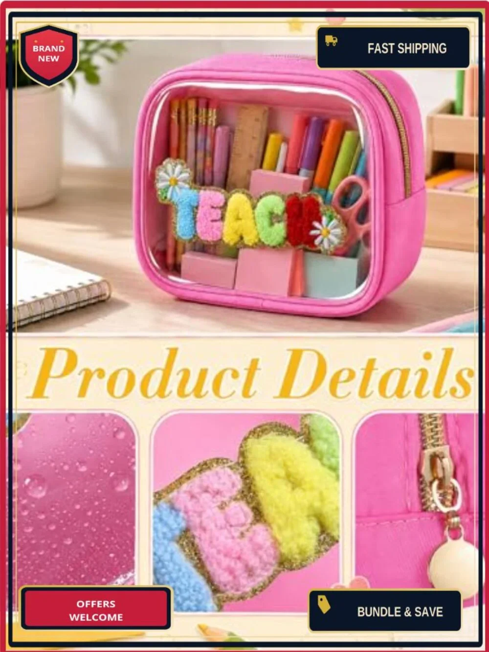 6 Clear Pencil Bags Embroidered PVC Zipper Cosmetic Pouches Back to School Set